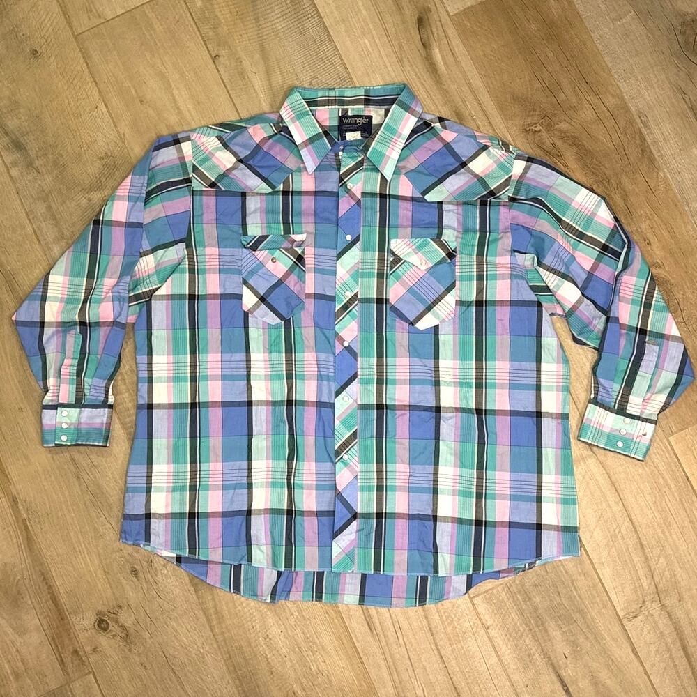 Vtg Wrangler Cowboy Cut X-Long Tails Pearl Snap Striped USA Made Sz 16 X 35